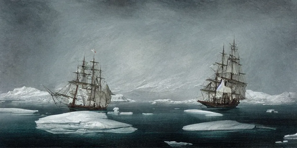 Image similar to “ a single 1 8 0 0 s sail ship is stuck in solid white sea ice, completely frozen sea, no water visible, the uneven and irregular frozen sea is jagged and maze - like, towering ice ridges and seracs, nighttime, stars visible, romanticist oil painting ”