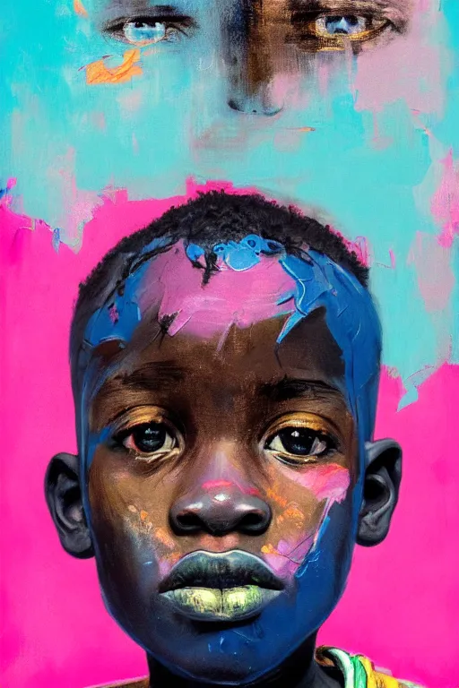 Prompt: portrait of a african young boy nor living in a death postapoliptic world, painted in acrylic, pigment, in the colors hot pink and cyan, beautiful realistic face, rule of thirds, soldier outfit, spotlight, by greg rutkowski, by jeremy mann, by francoise nielly, by van gogh, digital painting