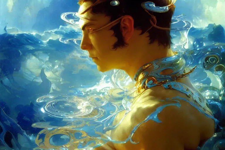 Prompt: waterbender, surrounded by floating water, avatar the last airbender, vibrant colors and hard shadows and strong rim light, light blue sky, cool white color temperature, painting by gaston bussiere, craig mullins, j. c. leyendecker