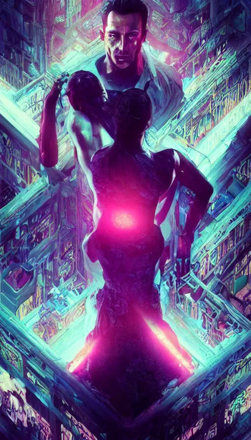 Image similar to daniel bernhardt, altered carbon, neon, dreamy vibe, fibonacci, sweat drops, insane intricate, highly detailed, cinematic, atmospheric. digital painting, artstation, concept art, smooth, sharp focus, illustration, unreal engine 5, 8 k, art by artgerm and greg rutkowski and alphonse mucha, laura sava, laura palmer