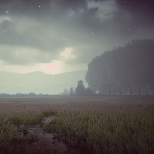 Image similar to landscape field, hyperrealistic, cinematic, unreal engine 5, rain