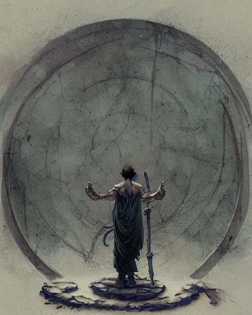 Image similar to a druid standing in a circle at the beginning of the world by greg rutkowski and frank frazetta and peter mohrbacher and william blake