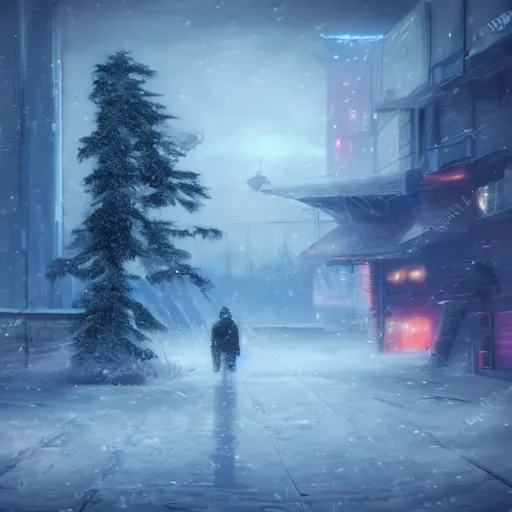 Image similar to mystic winter landscape, cyberpunk atmosphere, pastel colors