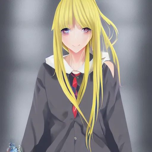 Image similar to advanced digital anime art, female teen with red eyes and blonde / yellow hair that is to neck length wearing a dark grey school outfit. drawn by Shikamimi, WLOP,rossdraws