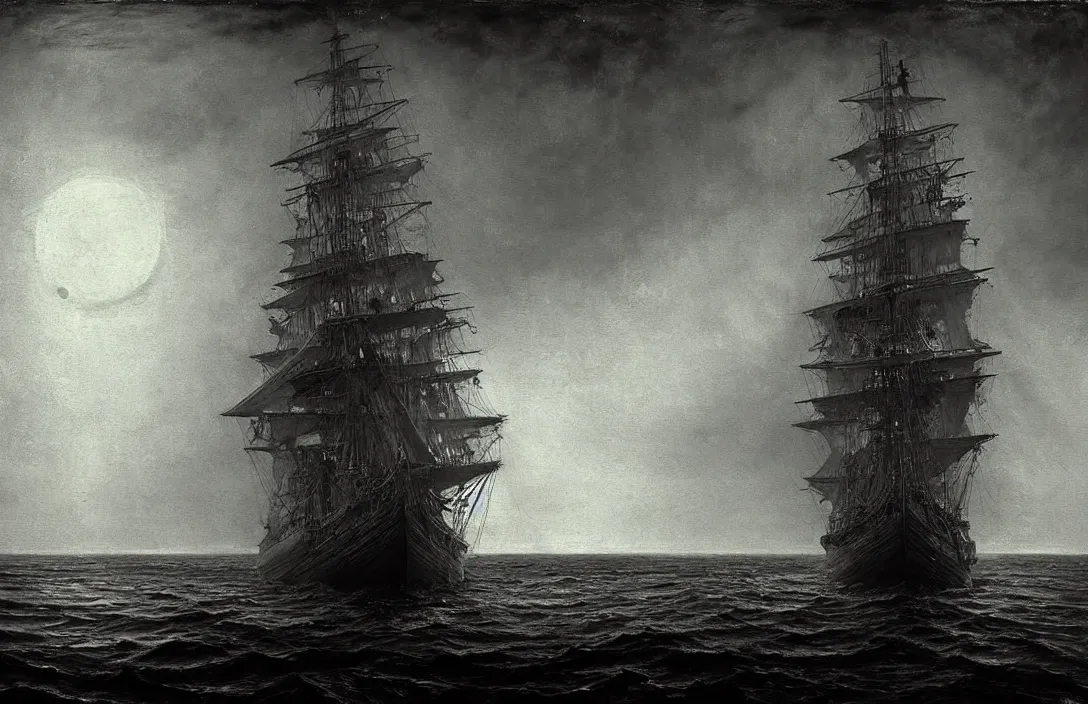 Image similar to excellent gesture and form ship ever further out to sea intact flawless ambrotype from 4 k criterion collection remastered cinematography gory horror film, ominous lighting, evil theme wow photo realistic postprocessing render by christopher soukup fusing a dream world of imagination with closely observed reality photograph by ansel adams painting by victor vasnetsov