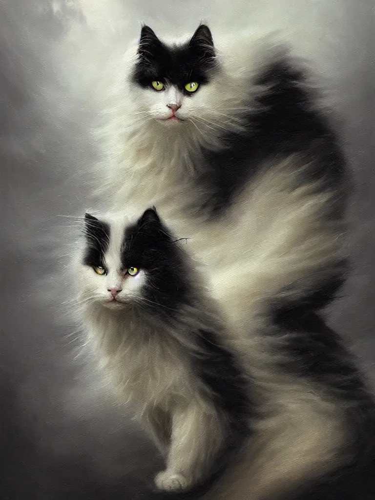 Image similar to highly detailed oil painting | very intricate | cinematic lighting | black, white and blood color scheme, dark background | portrait of a exquisite beautiful white fluffy cat with yellow eyes, gothic fog ambience, hyper realistic head, fantasy victorian art, in the style of greg rutkowski, zdizslaw beksinski, intricate, alphonse mucha