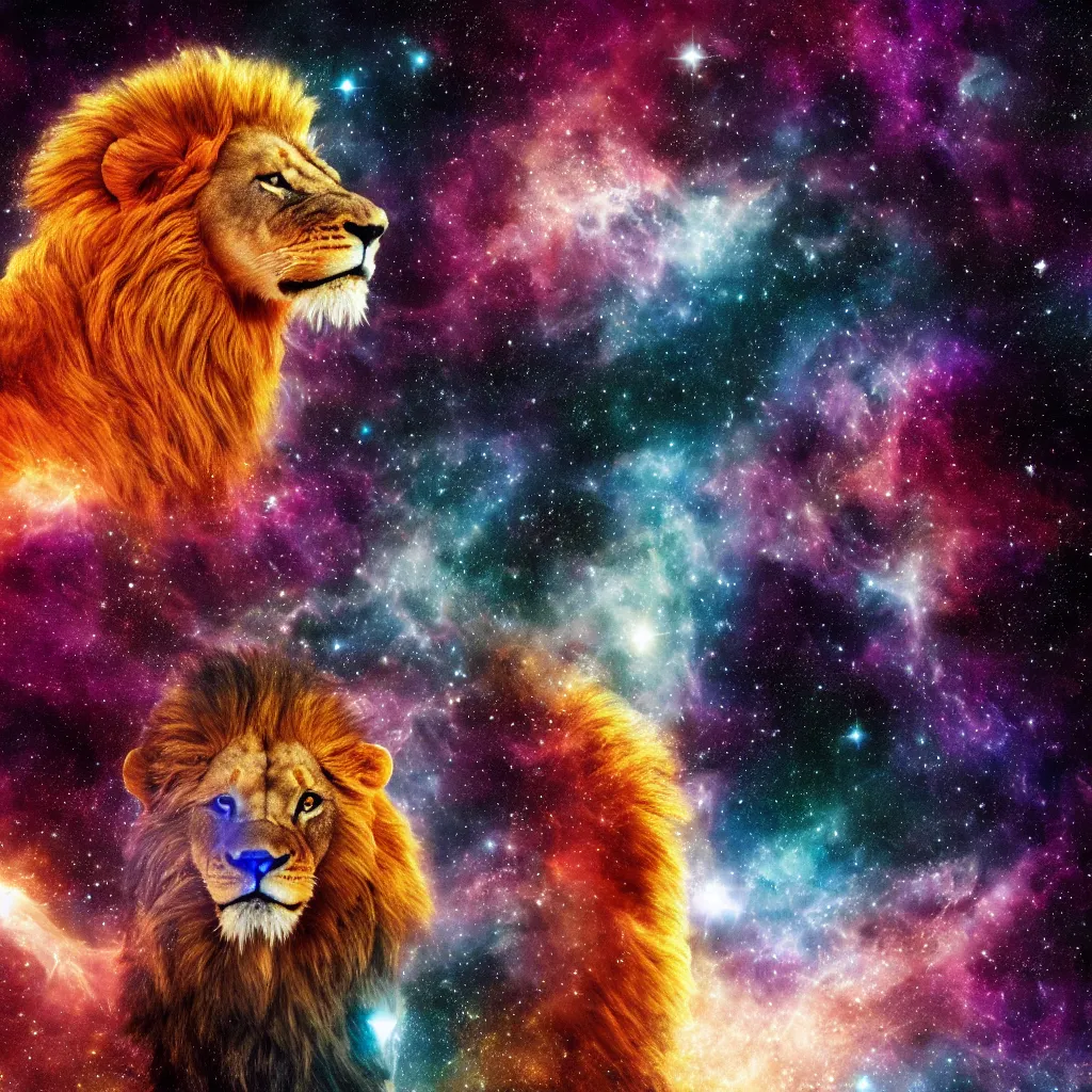 Prompt: lion in a galaxy made of stars, space, nebulas stars,