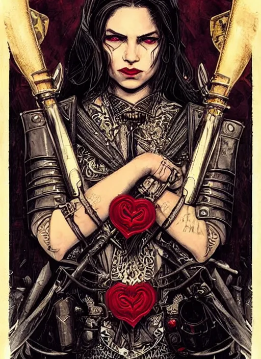 Image similar to tarot card :: horror :: vampires and draculas :: hearts and roses :: gold and silver :: guns and swords :: side profile :: highly details :: intricate details :: Sandra Chevrier and bastien lecouffe deharme