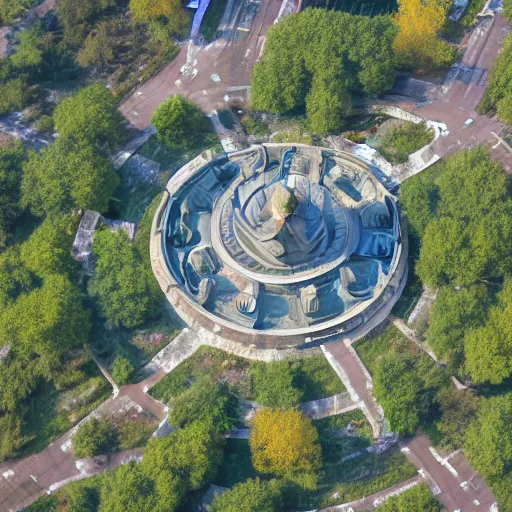 Prompt: aerial view of brutalist monument ( ( ( ( park ) ) ) ) spomenik, ( ( ( railings ) ) ), photo, 4 k