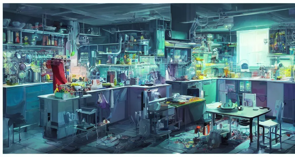 Image similar to IKEA catalogue photo of a cyberpunk kitchen, by Paul Lehr