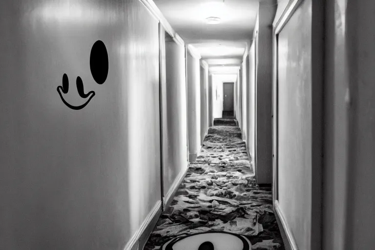 Image similar to a photo of a very long backrooms hallway with a creepy looking mickey mouse at the end of the hallway, staring with an evil grin, dark, horror, detailed, hd