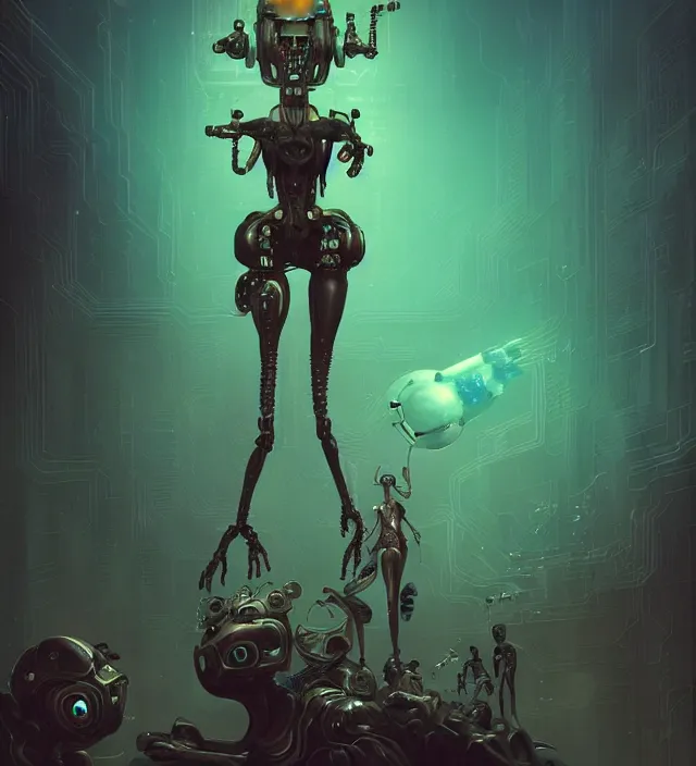 Image similar to anthropomorphic artificial intelligence working endlessly as a salve inside a hell digital world, being controlled by an infinite amount of human beings, vintage soft grainy, dark synthwave, in the style of Oscar chichoni and Peter mohrbacher and Dawid planet, trending on artstation