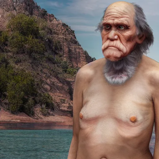 Image similar to charles darwin in a women's bikini realistic 8 k hdr photograph