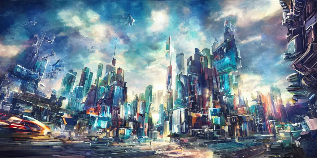 Prompt: multi - dimensional urban space, exotic concepts, digital painting, spacecraft, rocket, 3 d city, city sky