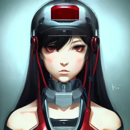 Image similar to A cyborg girl with big and cute eyes, fine-face, realistic shaded perfect face, fine details. red and black robotic parts. Very anime. Realistic shaded lighting poster by Ilya Kuvshinov katsuhiro, magali villeneuve, artgerm, Jeremy Lipkin and Michael Garmash, Rob Rey and Kentarõ Miura style, trending on art station