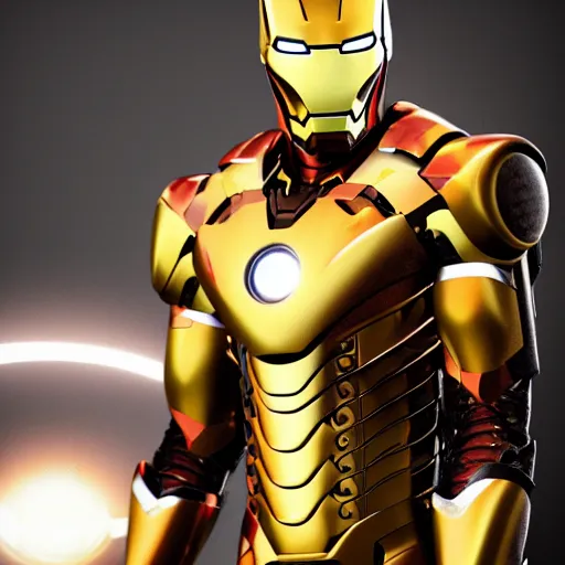 Image similar to cat inside black and gold iron man suit, octane render, realistic lighting, unreal engine