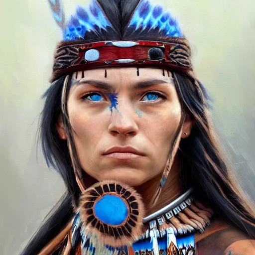 Prompt: painting of a shamanic warrior woman with blue eyes, native american, brown hair, and silver armor by jon foster, trending on artstation