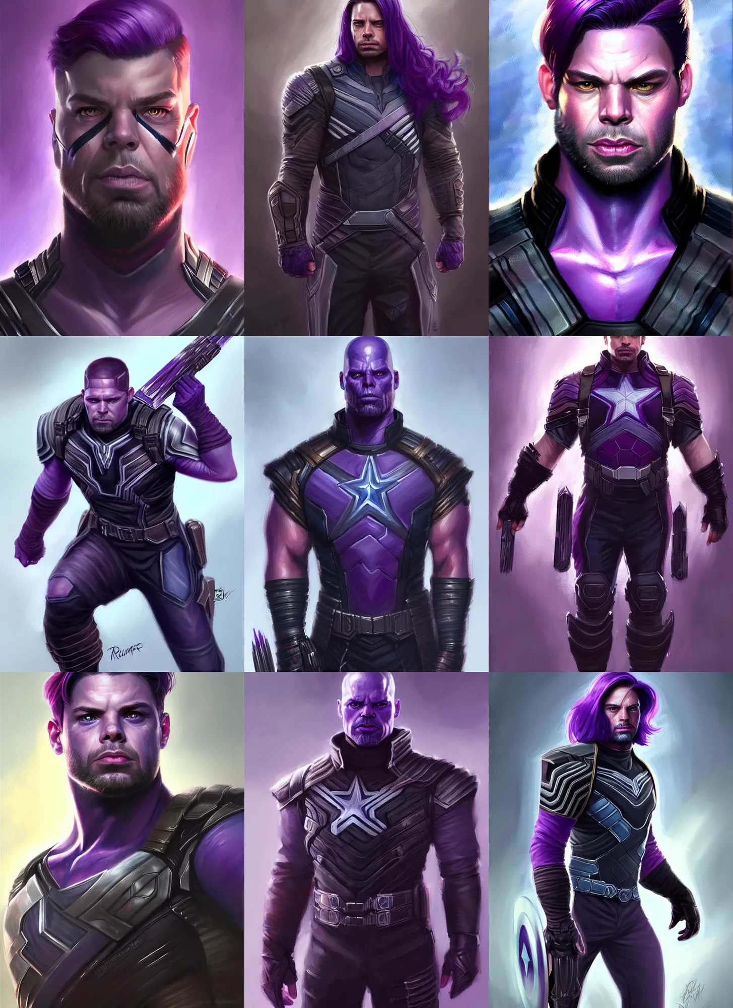 Prompt: a fantasy style portrait painting a character if winter soldier ( bucky barnes ) and thanos had a son, purple skin, powerful chin, thanos style traits, painting, unreal 5, daz., rpg, portrait, extremely detailed, artgerm greg rutkowski _ greg