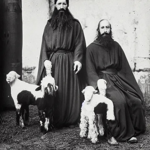 Prompt: photo of breton monks looking like rasputin with a dog and a goat, village ritualistic