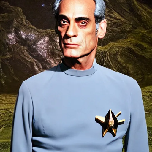 Image similar to a portrait of dr. julian bashir from star trek : deep space 9 with background scenery by juergen teller, iris van herpen