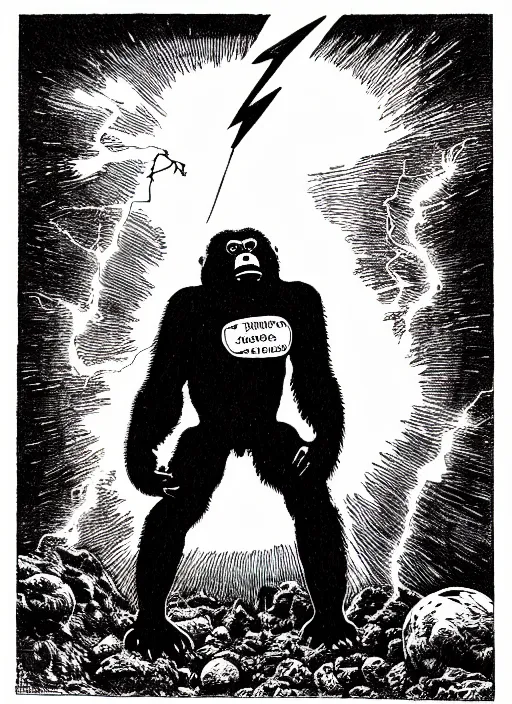 Image similar to a gorilla wearing a space helmet throwing lightning from his hands, as a d & d monster, full body, pen - and - ink illustration, etching, by russ nicholson, david a trampier, larry elmore, 1 9 8 1, hq scan, intricate details, inside stylized border