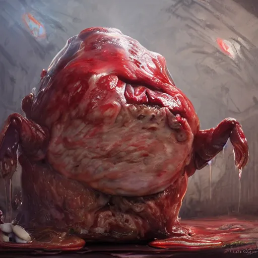 Prompt: insane crazy bloody red skrimp big chungus big eyes wide open, horrific sentient meatloaf, holding meatloaf, sloppy, gross, meatloaf, hyper realistic, terrifying, disturbing, strange, bizarre, masterpiece, meatloaf is everywhere,, liquid, 4 k, vivid colors, elegant, john park, frazetta, john howe, ruan jia, jeffrey catherine jones