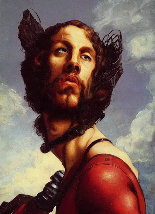 Image similar to oil painting of renaissance deadpool created by gustave courbet and michaelangelo, fantasy, portrait, highly detailed, large brush strokes