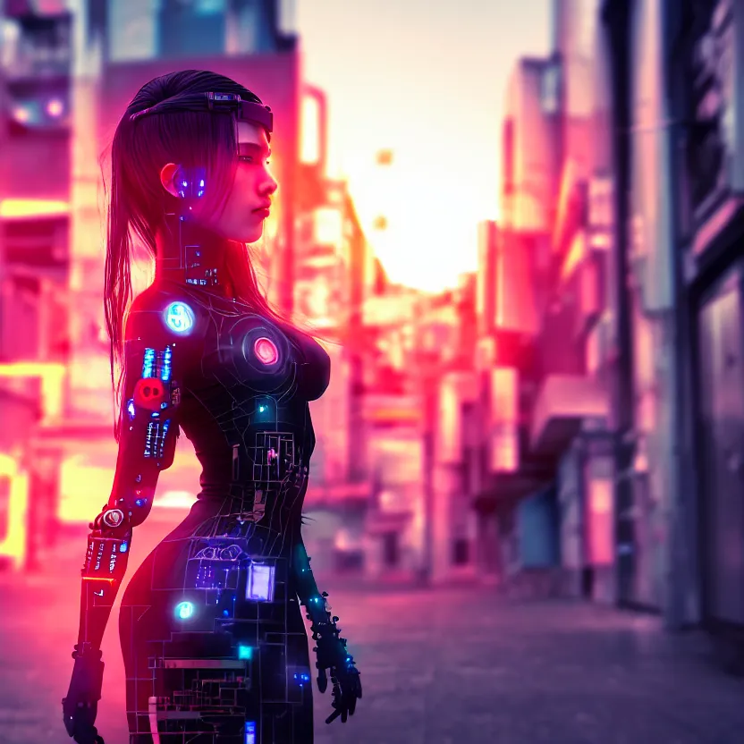 Image similar to a photo close up cyberpunk cyborg girl stands in a cyberpunk hiroshima, prefecture streets, sunset, photorealistic, cinematic lighting, very detailed, style by tomino - sama