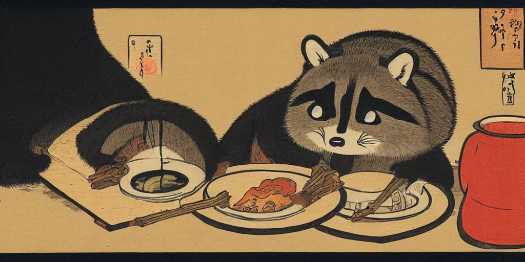 Image similar to little raccoon sitting by a cozy fireplace with a cup of tea. warm color temperature. ukiyo - e,