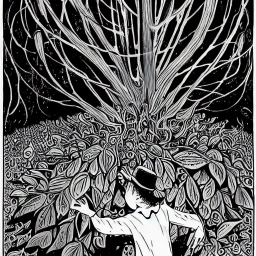 Image similar to black and white trippy comic art of a guy selling trees, lots of leaves, drawn by Martin Rowson, Tim Burton, Studio Ghibli, Alex Pardee, Nekro Petros Afshar, James McDermott, cgsociety 4K