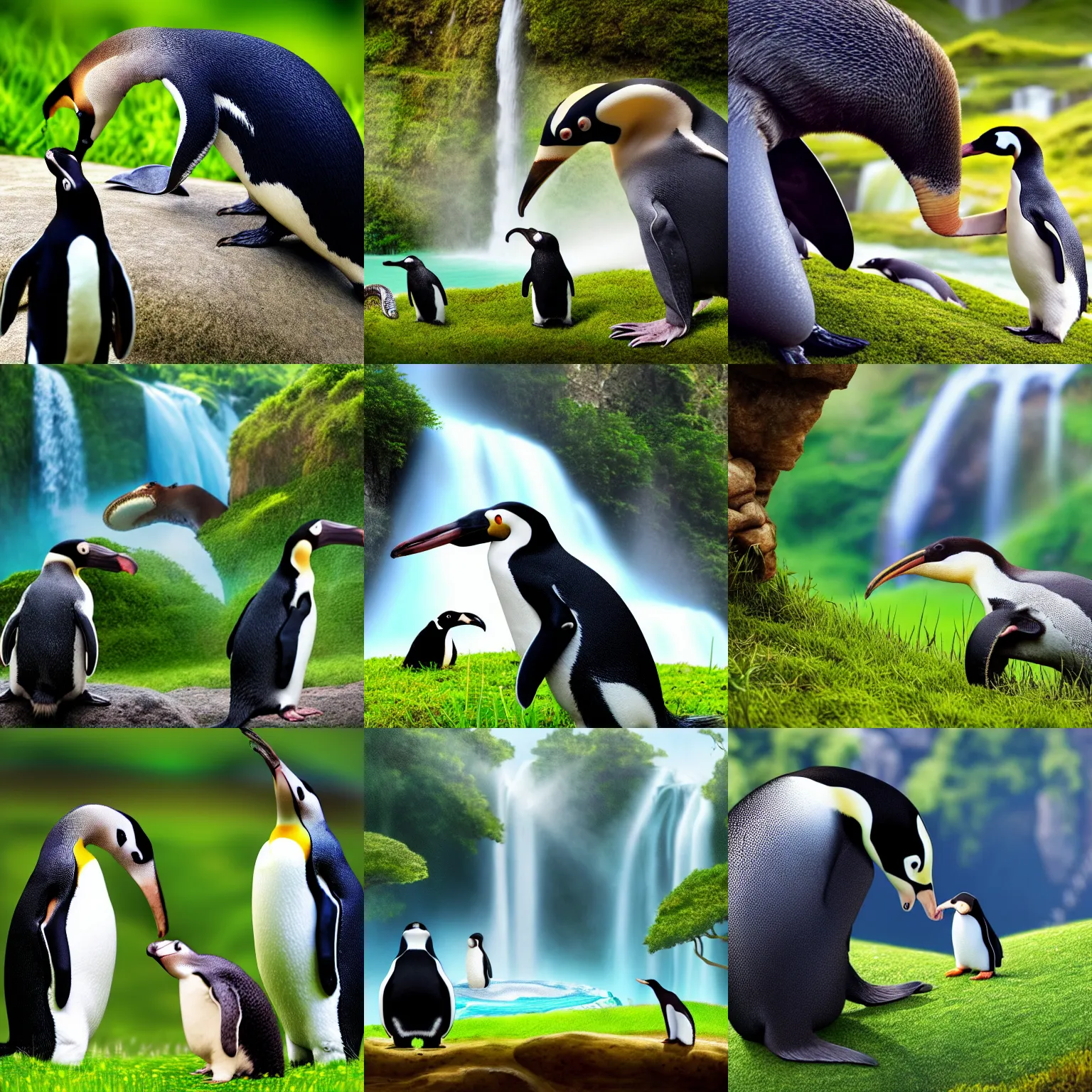 Prompt: three animals : a anteater looking at a penguin looking at a snake, sitting in a meadow with a waterfall in the background, many details, high quality, 8 k