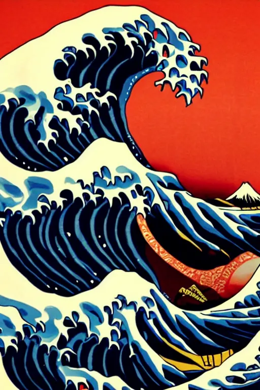 Prompt: Shepard Fairey Poster of The Great Wave off Kanagawa, Moon in the background, fine art photography