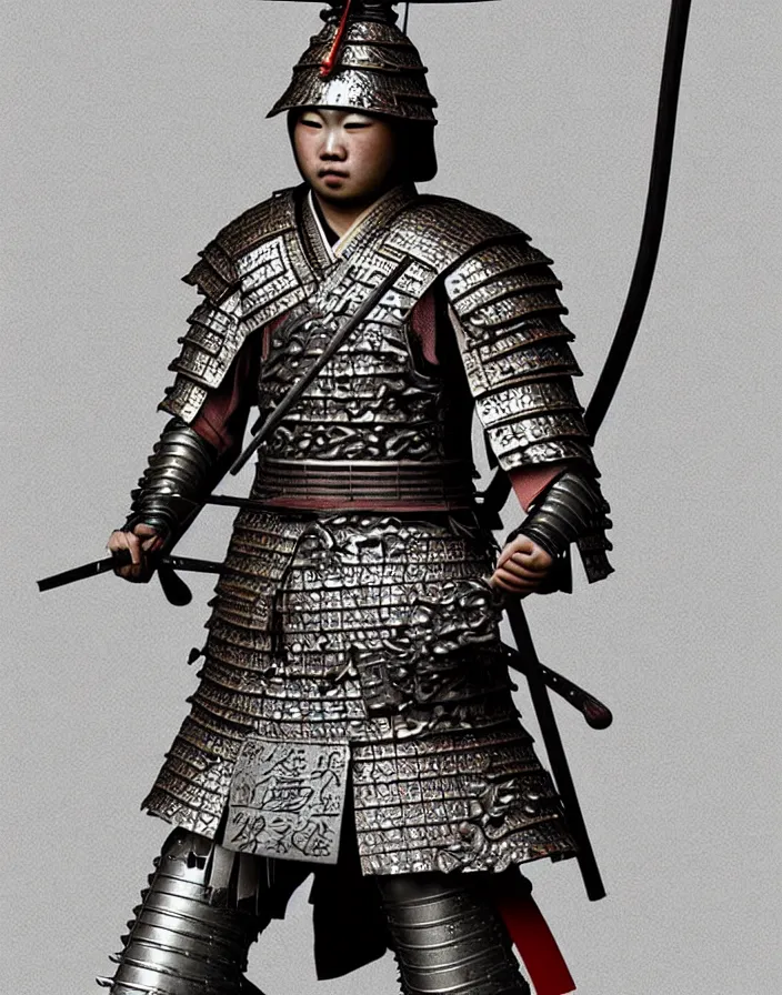 Image similar to detailed photorealistic ancient japanese samurai warrior soldier ⚔ 🪖 ⛩ with traditional japanese engravings and ornamentation on armour and weapons, and shining metallic 3 d surfaces, japanese calligraphy, wide angle, 3 d