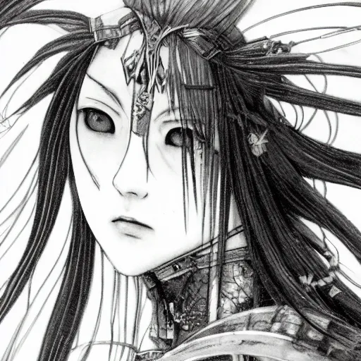 Prompt: yoshitaka amano realistic illustration of an anime girl with black eyes, wavy white hair fluttering in the wind and cracks on her face wearing elden ring armour with engraving, abstract black and white patterns on the background, noisy film grain effect, highly detailed, renaissance oil painting, weird portrait angle, blurred and dreamy portrait, three quarter angle portrait