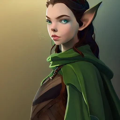 Image similar to Portrait of Anya Taylor-Joy as an elf ranger, pale green hooded cloak, lord of the rings, mattepainting concept Blizzard pixar maya engine on stylized background splash comics global illumination lighting artstation lois van baarle, ilya kuvshinov, rossdraws