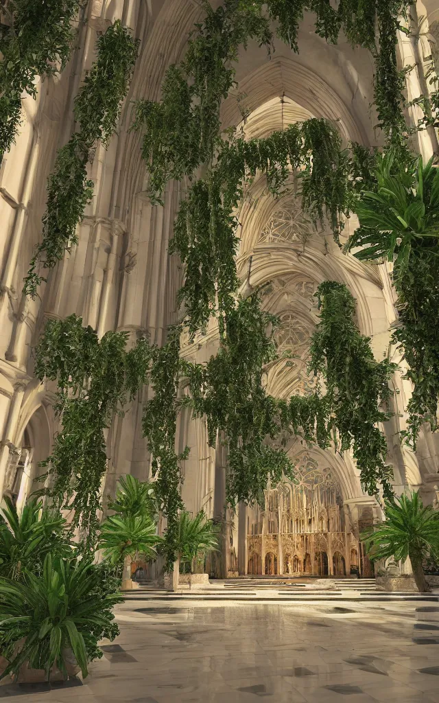 Image similar to beautiful grand cathedral interior with!! koi pond!! in the! middle! surrounded by palm trees, ivy,!! flowers!!, ( tropical plants ),!! roses!!, and with archways, rendered in octane render with photorealistic volumetric cinematic lighting, wide angle, horizontal symmetry, symmetrical! 8 k