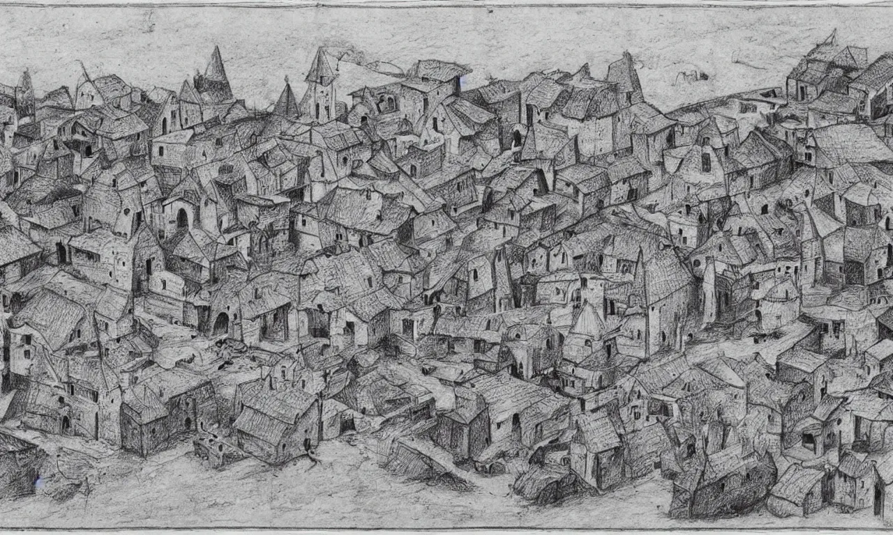 Image similar to Stereoscopic 3D photo of a medieval village dioram, High detailed drawing