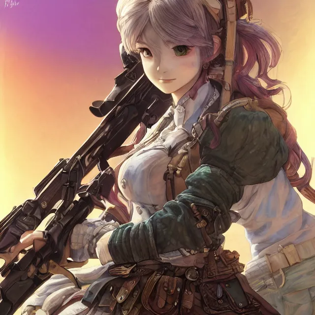 Image similar to the portrait of lawful neutral semi - colorful female infantry gunner as absurdly beautiful, gorgeous, elegant, young anime woman, an ultrafine hyperdetailed illustration by kim jung gi, irakli nadar, intricate linework, bright colors, octopath traveler, final fantasy, unreal engine 5 highly rendered, global illumination, radiant light, detailed and intricate environment