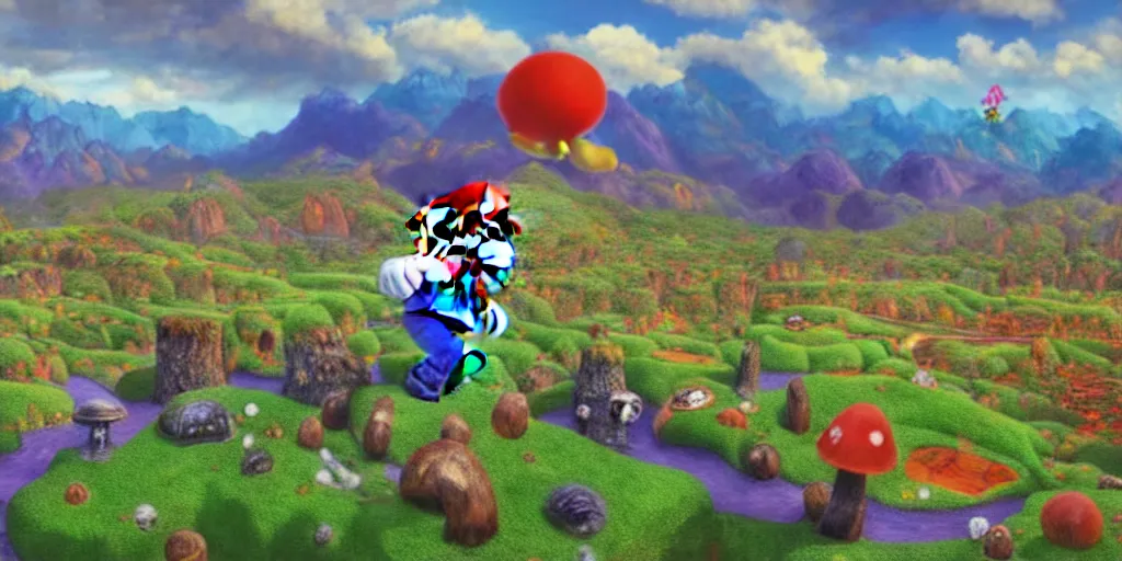 Prompt: Super Mario in an alien landscape, looming surreal mountains in background, purple foliage, green sky, red grass, hundreds of blue mushrooms in distance, cinematic lighting, detailed oil painting, 8k