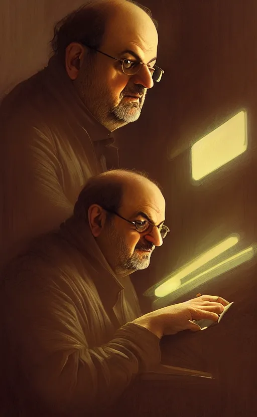 Image similar to portrait of salman rushdie writing in the dark, deep focus, blade runner 2 0 4 9, fantasy, intricate, elegant, highly detailed, digital painting, artstation, concept art, matte, sharp focus, illustration, art by artgerm and greg rutkowski and alphonse mucha