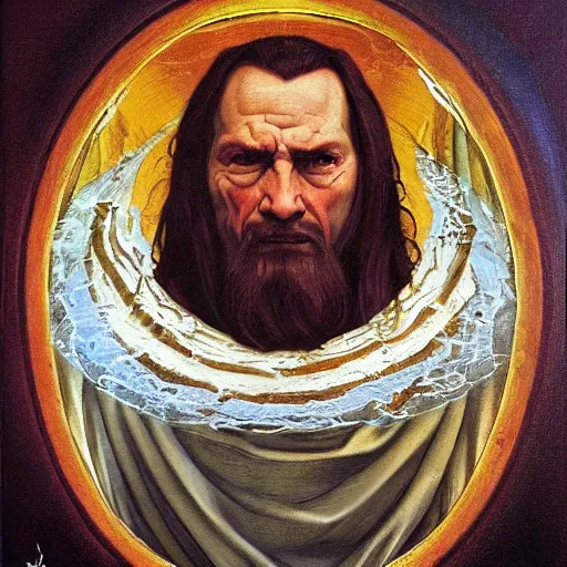 Prompt: Oil portrait of a magical evil cleric, renaissance style, by Stephen Youll