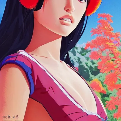 Image similar to a beautiful young japanese natalie portman alluring gravure model, stylized concept art, wearing elegant designer bomber jacket and one piece bikini, bomber jacket with mesoamerican patterns, mesoamerican native street fashion, princess mononoke, painted by ilya kuvshinov aesthetic, gorgeous, stunning, alluring, attractive, artstation, pinterest, digital art