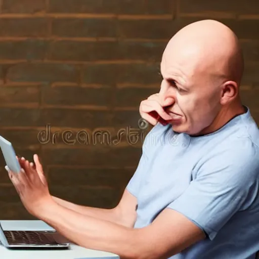 Prompt: crying sad hairless bald man crying at his computer with twitter open in the background, stock photo
