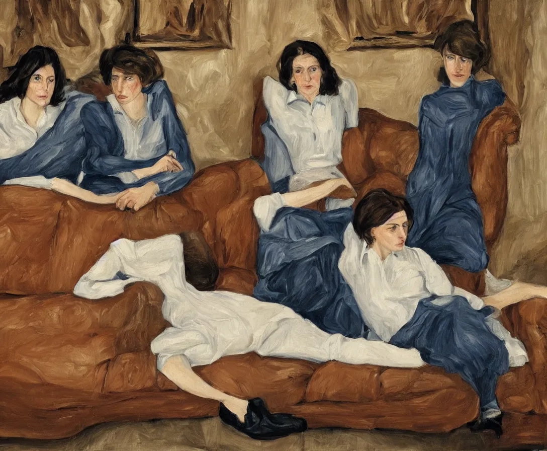 Image similar to two women, in an old english apartment on a brown leather sofa. one is wearing a dark blue sweather, the other a white shirt. brown hair, they are looking into the camera. wide shot. in the style of lucien freud. oil painting.