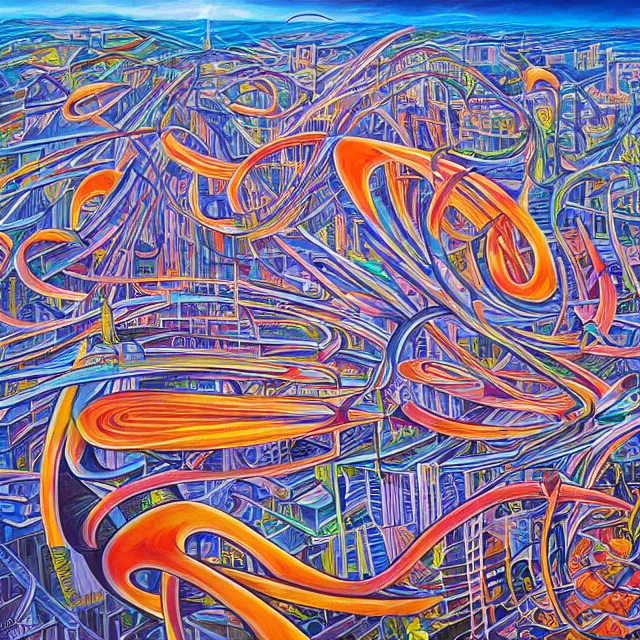 Image similar to very beautiful urban landscape painted by Alex Grey