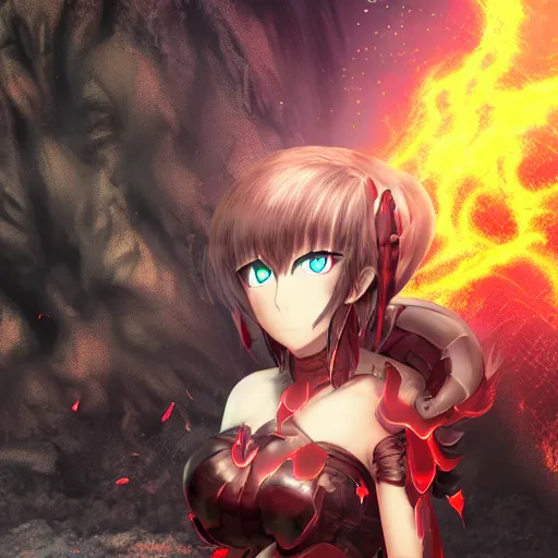 Image similar to portrait focus of demon beautiful 3D anime girl, Molten lava armor wearing, dark volcano background, ash falling, bokeh, inspired by Masami Kurumada, digital painting, high contrast, unreal engine render, volumetric lighting, high détail