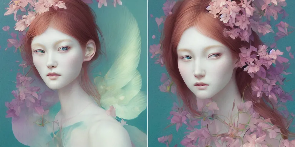 Image similar to highly detailed pastel colors of an ethereal ginger beauty morphing gradually into flowers, by artgerm and hsiao - ron cheng, smooth composition, fine patterns and detail