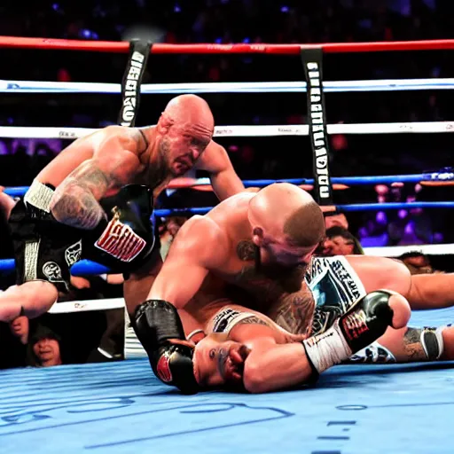 Prompt: ringside photo of a boxing match between conor mcgregor and dwayne the rock johnson