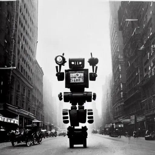 Image similar to old black and white photo, 1 9 1 3, depicting a retrofuturistic robot rampaging through the bustling streets of new york city, historical record