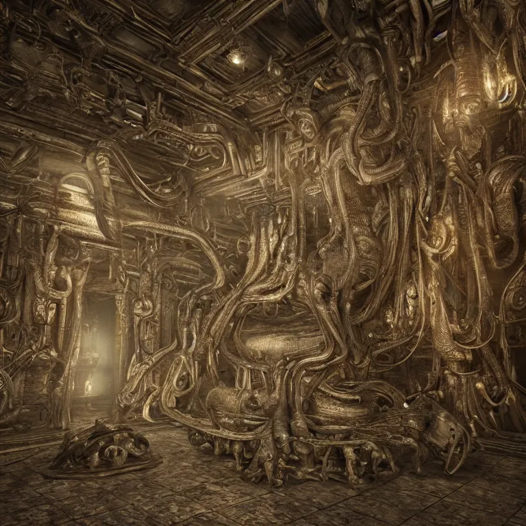 Image similar to old vintage photo of surreal alien extraterrestrial biomechanical temple interior beautiful detailed intricate insanely detailed 3D render digital art by Giger, octane render, unreal engine 5, 8K artistic photography, photorealistic